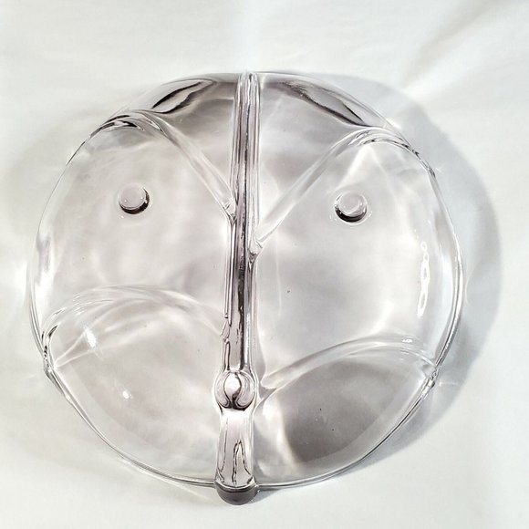 Lilac Pink Glass Round Leaf Divided Relish Dish Candy Bowl scalloped footed 6.5" - Picture 4 of 11